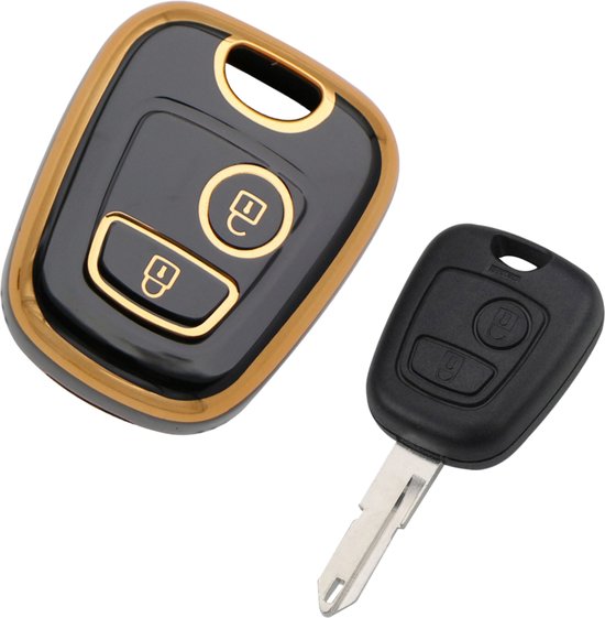 Zachte TPU Sleutelcover - Geschikt voor Toyota Aygo / Citroën C1 / Peugeot 107 - Zwart Goud Metallic - Sleutel Hoesje Cover Geschikt voor Peugeot 107 / 107 / 206 / 207 / 306 / 307 / 406 / 407 - Randen Goud - Auto Accessoires