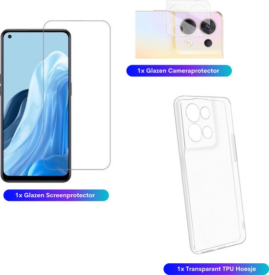3 in 1 Set Geschikt voor OPPO Reno8 / Reno 8 - Transparant Hoesje + Screenprotector + Cameraprotector - Doorzichtige Shockproof TPU Case - Tempered Glass Screen Protector - Glazen Camerabeschermer - Set van 3