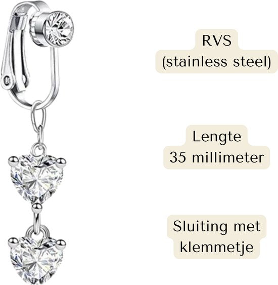 Fake Navelpiercing Zilver - Nep Navelpiercing - Kristal Hartjes - Stainless Steel - Piercing Voor Navel zonder Gaatje