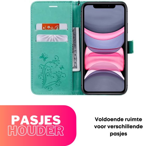 Hoesje Vlinders Groen - Geschikt voor Apple iPhone 11 - Portemonnee Book Case - Boekje Met Kaarthouder / Pasjeshouder en Magneetsluiting - Booklet Beschermhoes - Boekhoesje met Draagkoord