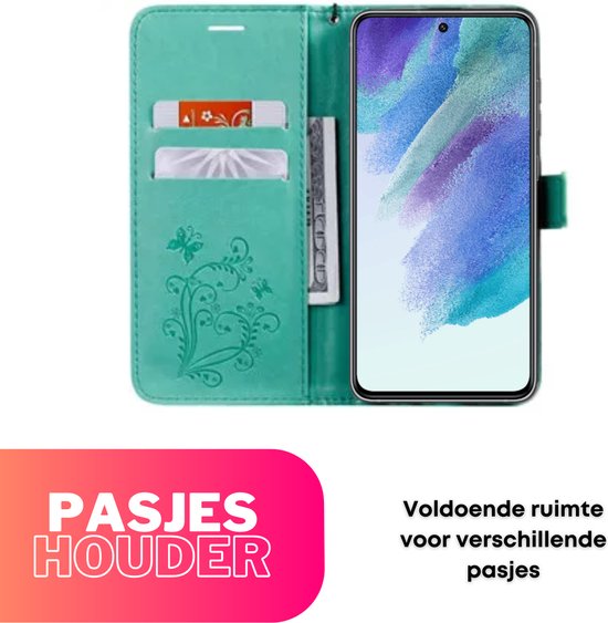 Hoesje Vlinders Groen - Geschikt voor Samsung Galaxy S21 FE - Portemonnee Book Case - Boekje Met Kaarthouder / Pasjeshouder en Magneetsluiting - Booklet - Wallet Beschermhoes - Telefoonhoesje
