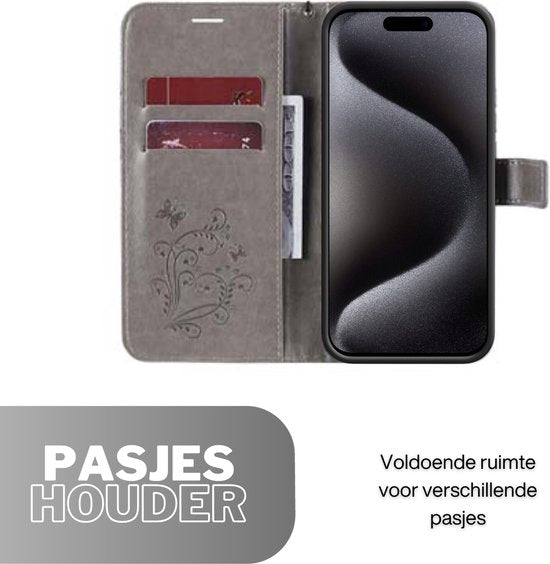 Hoesje Vlinders Grijs - Geschikt voor Apple iPhone 15 Pro - Portemonnee Book Case - Boekje Met Kaarthouder / Pasjeshouder en Magneetsluiting - Booklet Beschermhoes - Boekhoesje met Draagkoord