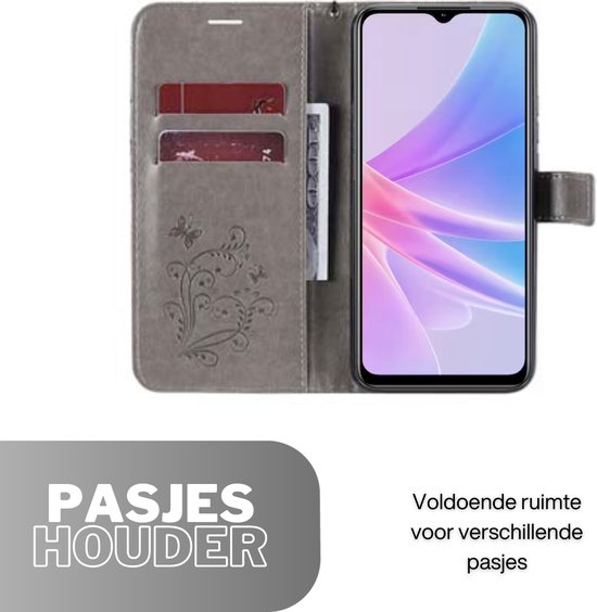Hoesje Vlinders Grijs - Geschikt voor OPPO A78 5G - Portemonnee Book Case - Boekje Met Kaarthouder / Pasjeshouder en Magneetsluiting - Booklet Beschermhoes - Boekhoesje met Draagkoord