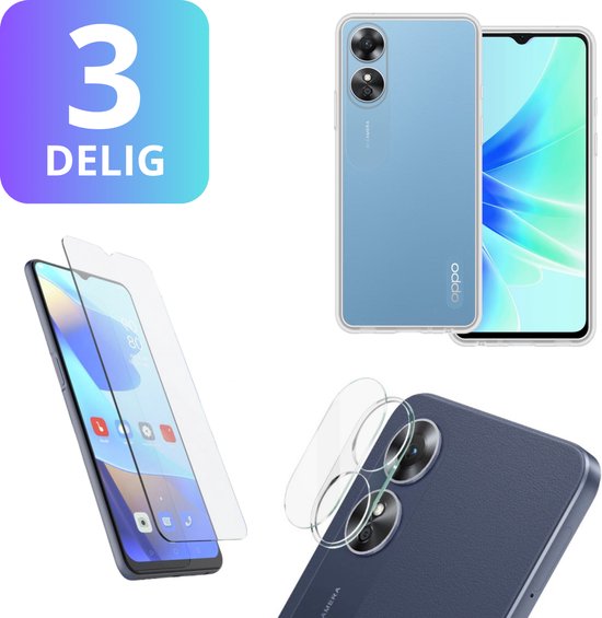 3 in 1 Set Geschikt voor OPPO A17 - Transparant Hoesje + Screenprotector + Cameraprotector - Doorzichtige Shockproof TPU Case - Tempered Glass Screen Protector - Glazen Camerabeschermer - Set van 3