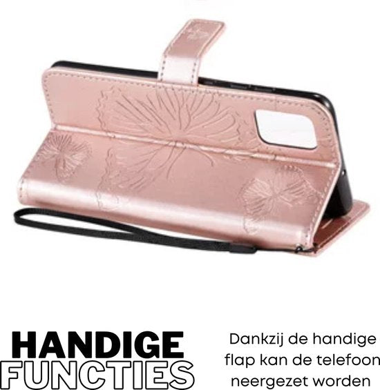 Hoesje Vlinders Roze - Geschikt voor OPPO A17 - Portemonnee Book Case - Boekje Met Kaarthouder / Pasjeshouder en Magneetsluiting - Booklet Beschermhoes - Boekhoesje met Draagkoord