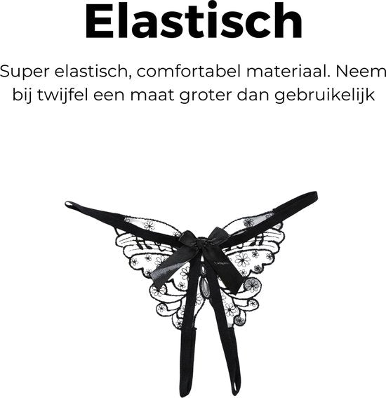 Sexy G-String met Vlinder - Open Kruis - Zwart - Erotisch Design met Kant - Dames String - Lingerie / Ondergoed - Maat L