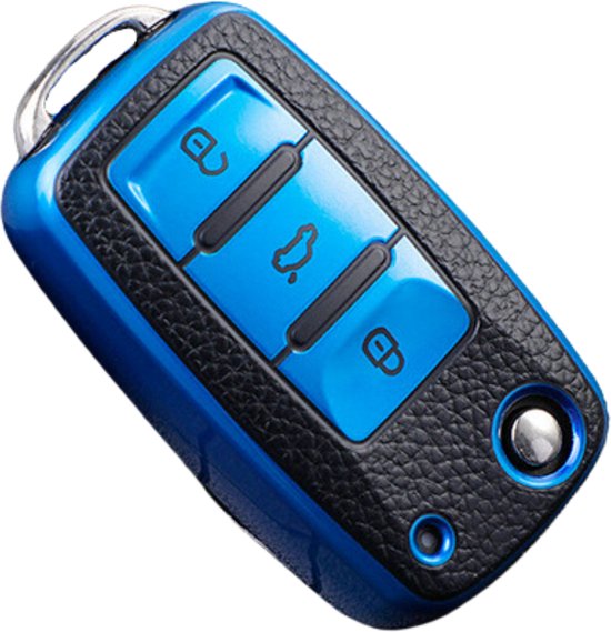 TPU Sleutelcover - Sleutelhoesje Geschikt voor Volkswagen Golf / Polo / Tiguan / Up / Passat / Seat Leon / Skoda Citigo - Metallic Blauw en Zwart Leer - Flexibele Sleutel Cover - Zacht Hoesje - Auto Accessoires