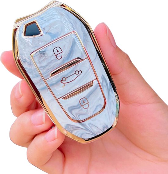 Zachte TPU Sleutelcover - Geschikt voor Peugeot / DS - Grijs Marmer & Goud - Sleutel Hoesje Cover Geschikt voor Peugeot 3008 / 308 / 408 / 4008 / 508 / 5008 / 2008 / Citroën C4 / C5 / C6 / DS3 / DS4 / DS5 - Randen Goud - Auto Accessoires