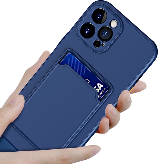 Stevig TPU Hoesje - Geschikt voor Apple iPhone 14 Pro - Met Kaarthouder - Donkerblauw - Shockproof Case met Pasjeshouder - TPU Hoes Met Vakje Voor Pasje - Card Case Back Cover