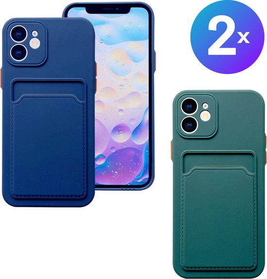 Set van 2 Hoesjes - Geschikt voor Apple iPhone 11 - Stevig TPU Hoesje - Met Kaarthouder - Groen & Donkerblauw - Shockproof Case met Pasjeshouder - TPU Hoes Met Vakje Voor Pasje - Card Case Back Cover