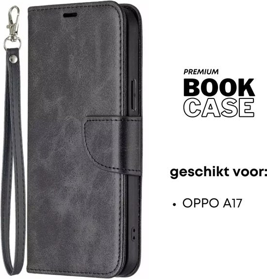 Hoesje Zwart - Geschikt voor OPPO A17 - Portemonnee Book Case - Boekje Met Kaarthouder / Pasjeshouder en Magneetsluiting - Booklet Beschermhoes - Boekhoesje met Draagkoord