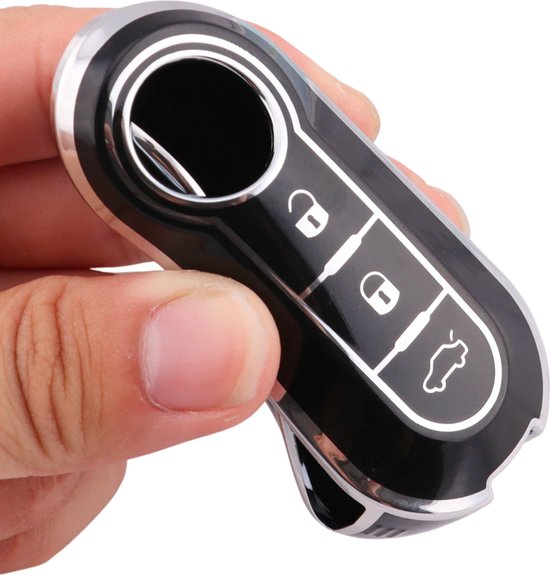 Zachte TPU Sleutelcover - Zwart Zilver Metallic - Sleutelhoesje Geschikt voor Fiat 500 / 500L / 500X / 500C / Panda / Punto / Stilo - Sleutel Hoesje Cover - Auto Accessoires