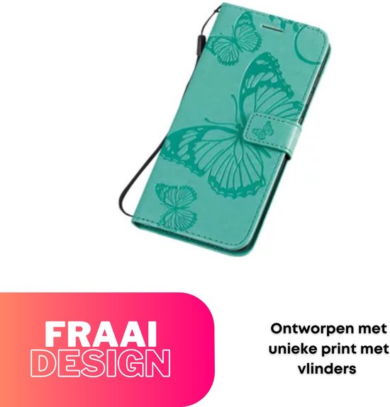 Hoesje Vlinders Groen - Geschikt voor Samsung Galaxy A14 - Portemonnee Book Case - Boekje Met Kaarthouder / Pasjeshouder en Magneetsluiting - Booklet - Wallet Beschermhoes - Telefoonhoesje