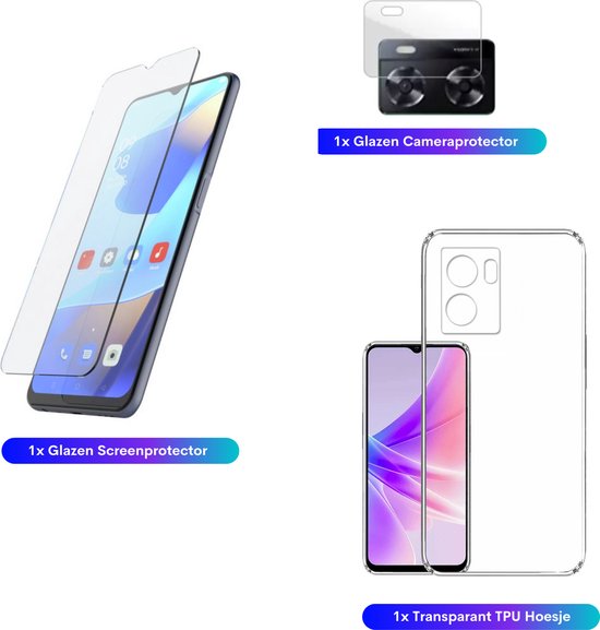 3 in 1 Set Geschikt voor OPPO A57 / A57s - Transparant Hoesje + Screenprotector + Cameraprotector - Doorzichtige Shockproof TPU Case - Tempered Glass Screen Protector - Glazen Camerabeschermer - Set van 3