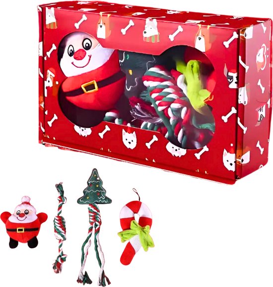 Kerst Gift Box voor Honden - Hondenspeeltjes Set - Complete Huisdier Cadeauset - Met Trekspeeltjes, Knuffels en Kauwspeeltjes - Puppy Speeltjes