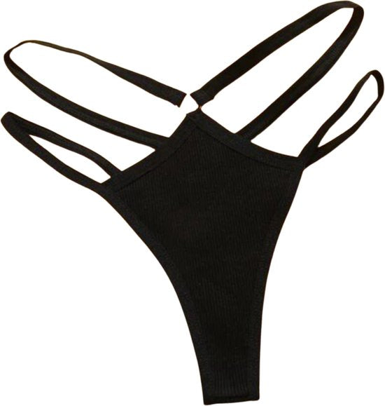 Sexy String met Dubbele Bandjes - Zwart - Ontwerp met Ribstof en Dubbele Bandjes - Sexy Design - Dames Onderbroek - Lingerie / Ondergoed - Maat M