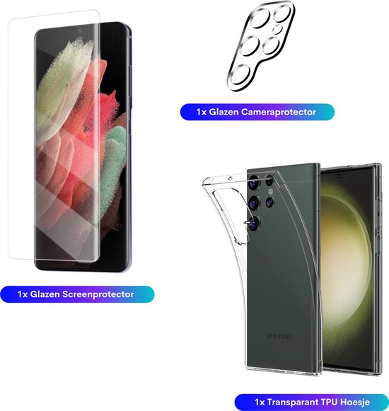 3 in 1 Set Geschikt voor Samsung Galaxy S23 Ultra - Transparant Hoesje + Screenprotector + Cameraprotector - Doorzichtige Shockproof TPU Case - Tempered Glass Screen Protector - Glazen Camerabeschermer - Set van 3