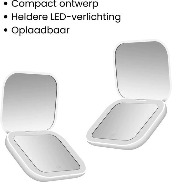 Set Van 2 Compacte Make-up Spiegeltjes Met LED-Verlichting Voor In De Handtas / Toillettas - Ideaal Voor Onderweg - Handzaam Formaat - Inclusief LED Verlichting - Oplaadbaar met USB Kabel- Wit