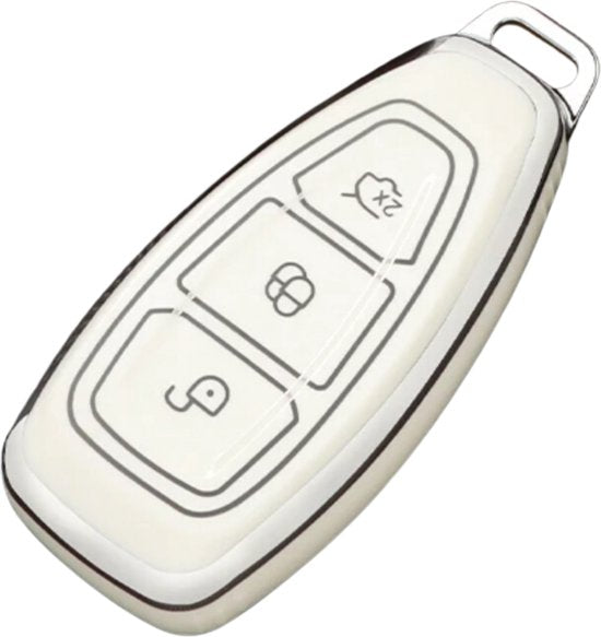 Zachte TPU Sleutelcover - Geschikt voor Ford Focus / Fiesta / Kuga / Fusion / Mondeo / Ecosport / ST - Wit Zilver Metallic - Sleutel Hoesje Cover - Randen Zilver - Auto Accessoires