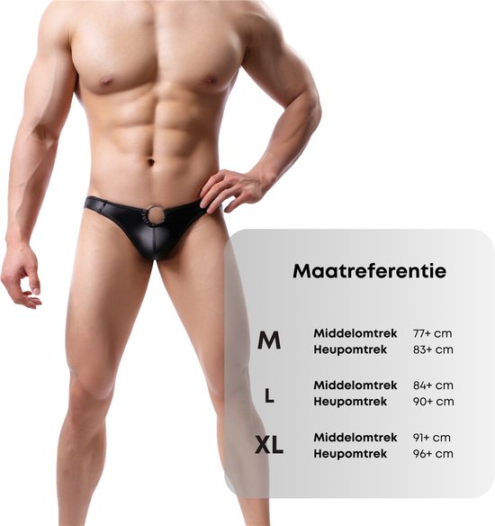 Heren Slip met Ring - Leder Look - String Zwart - Sexy Leder Design - One Size - Mannen String - Ondergoed Maat M