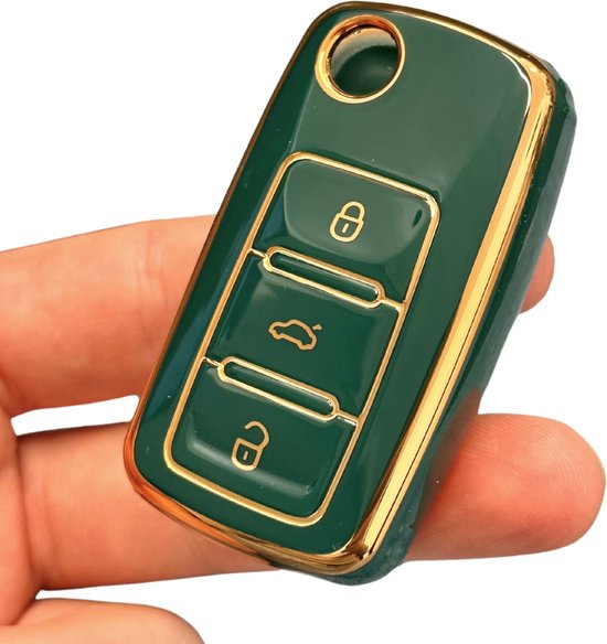Zachte TPU Sleutelcover - Donkergroen Goud Metallic - Sleutelhoesje Geschikt voor Volkswagen Golf / Polo / Tiguan / Up / Passat / Seat Leon / Skoda Citigo - Sleutel Hoesje Cover - Randen Zilver - Auto Accessoires