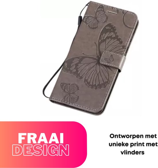Hoesje Vlinders Grijs - Geschikt voor Samsung Galaxy A54 5G - Portemonnee Book Case - Boekje Met Kaarthouder / Pasjeshouder en Magneetsluiting - Booklet Beschermhoes