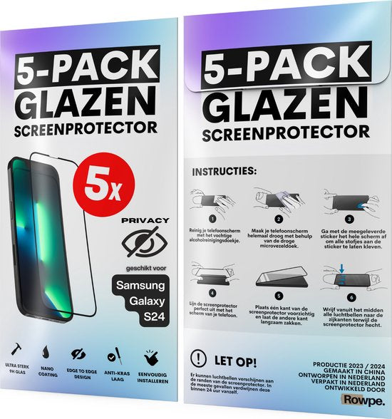 Privacy Screenprotector - Geschikt voor Samsung Galaxy S24 - Gehard Glas - Full Cover Tempered Privacy Glass - Case Friendly - 5 Pack