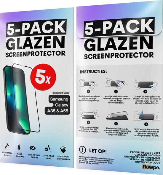 Screenprotector - Geschikt voor Samsung Galaxy A35 / A55 - Gehard Glas - Full Cover Tempered Glass - Case Friendly - 5 Pack