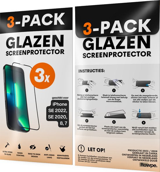 Screenprotector - Geschikt voor iPhone 7 / 8 / SE 2020 - Gehard Glas - Full Cover Tempered Glass - Case Friendly - 3 Pack