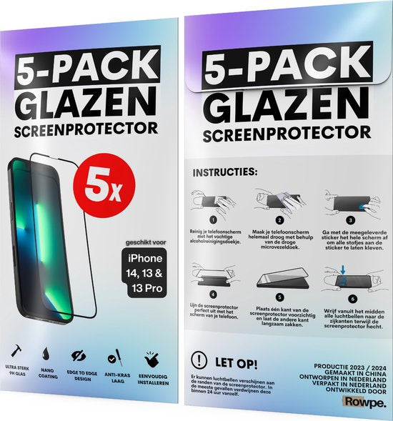 Screenprotector - Geschikt voor iPhone 16E / 14 / 13 / 13 Pro - Gehard Glas - Full Cover Tempered Glass - Case Friendly - 5 Pack
