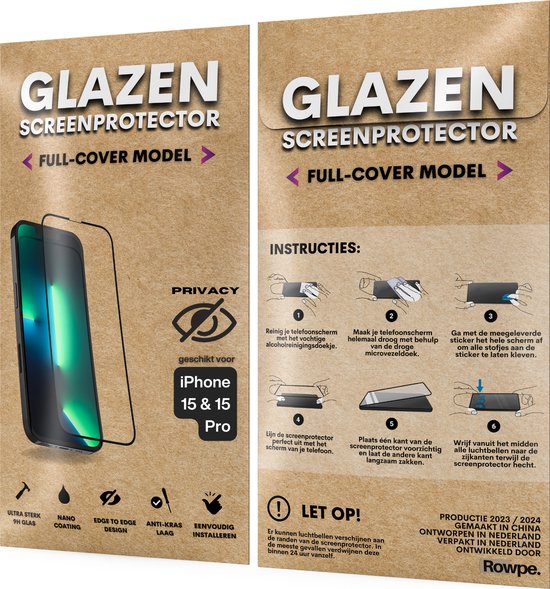 Privacy Screenprotector - Geschikt voor iPhone 15 / 15 Pro - Gehard Glas - Full Cover Tempered Privacy Glass - Case Friendly