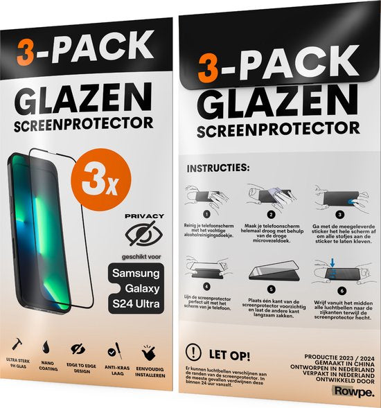 Privacy Screenprotector - Geschikt voor Samsung Galaxy S24 Ultra - Gehard Glas - Full Cover Tempered Privacy Glass - Case Friendly - 3 Pack