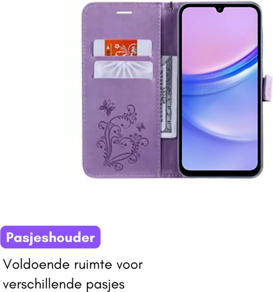 Hoesje Vlinders Paars - Geschikt voor Samsung Galaxy A15 - Portemonnee Book Case - Boekje Met Kaarthouder / Pasjeshouder en Magneetsluiting - Booklet Beschermhoes - Boekhoesje met Draagkoord