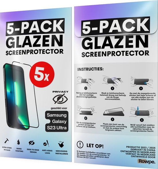 Privacy Screenprotector - Geschikt voor Samsung Galaxy S23 Ultra - Gehard Glas - Full Cover Tempered Privacy Glass - Case Friendly - 5 Pack