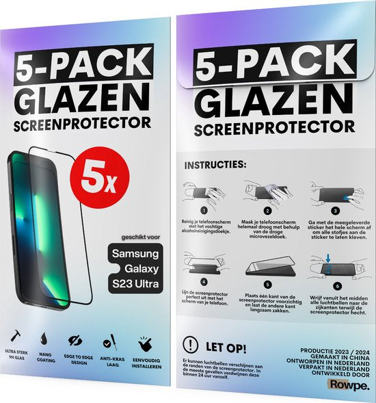 Screenprotector - Geschikt voor Samsung Galaxy S23 Ultra - Gehard Glas - Full Cover Tempered Glass - Case Friendly - 5 Pack