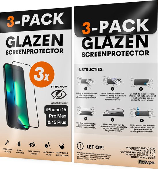 Privacy Screenprotector - Geschikt voor iPhone 15 Pro Max / 15 Plus - Gehard Glas - Full Cover Tempered Privacy Glass - Case Friendly - 3 Pack