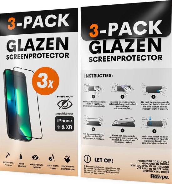 Privacy Screenprotector - Geschikt voor iPhone 11 / XR - Gehard Glas - Full Cover Tempered Privacy Glass - Case Friendly - 3 Pack