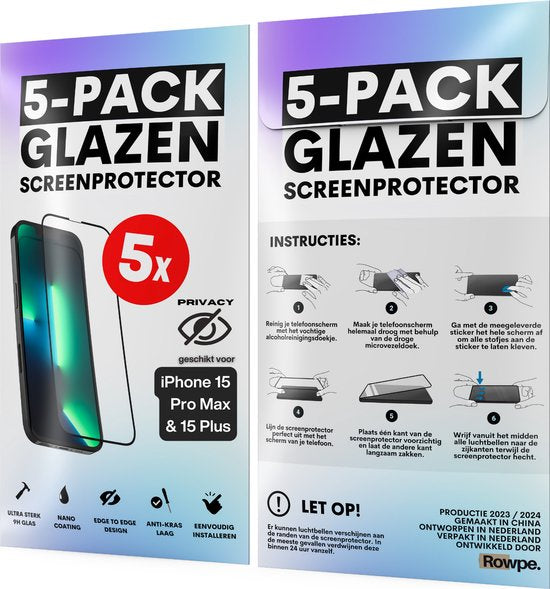 Privacy Screenprotector - Geschikt voor iPhone 15 Pro Max / 15 Plus - Gehard Glas - Full Cover Tempered Privacy Glass - Case Friendly - 5 Pack