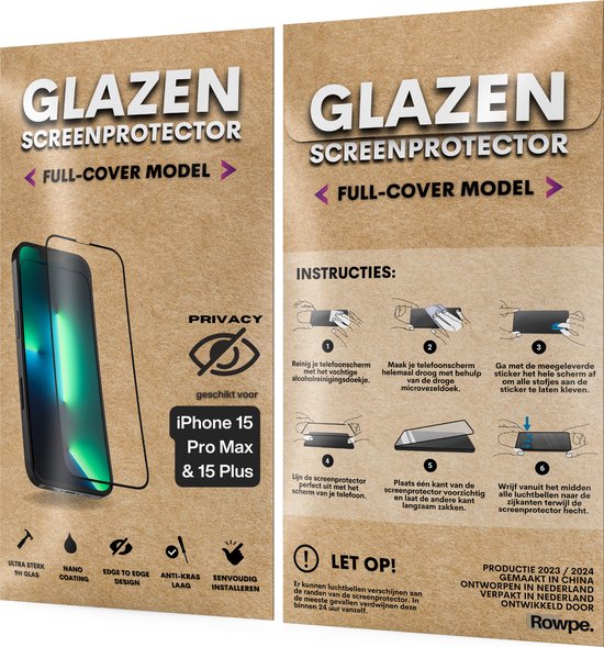 Privacy Screenprotector - Geschikt voor iPhone 15 Pro Max / 15 Plus - Gehard Glas - Full Cover Tempered Privacy Glass - Case Friendly