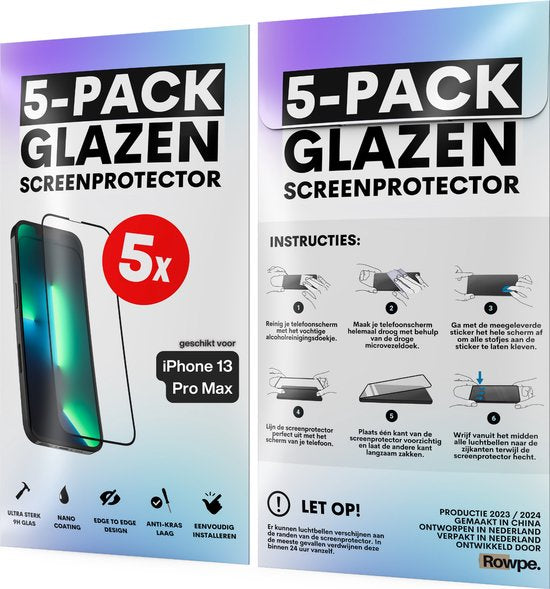 Screenprotector - Geschikt voor iPhone 13 Pro Max - Gehard Glas - Full Cover Tempered Glass - Case Friendly - 5 Pack