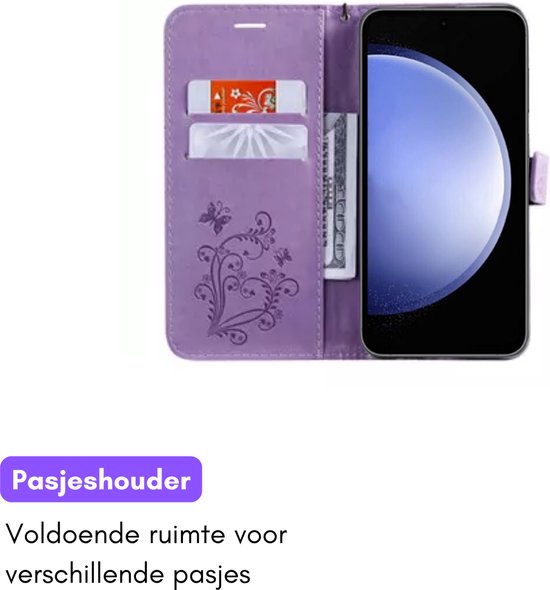 Hoesje Vlinders Paars - Geschikt voor Samsung Galaxy S23 FE - Portemonnee Book Case - Boekje Met Kaarthouder / Pasjeshouder en Magneetsluiting - Booklet - Wallet Beschermhoes - Telefoonhoesje
