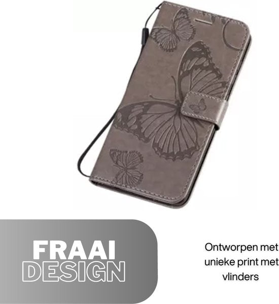 Hoesje Vlinders Grijs - Geschikt voor Apple iPhone 15 Pro - Portemonnee Book Case - Boekje Met Kaarthouder / Pasjeshouder en Magneetsluiting - Booklet Beschermhoes - Boekhoesje met Draagkoord