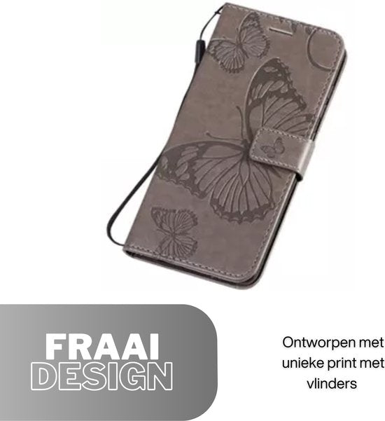 Hoesje Vlinders Grijs - Geschikt voor Xiaomi Redmi Note 13 5G - Portemonnee Book Case - Boekje Met Kaarthouder / Pasjeshouder en Magneetsluiting - Booklet - Wallet Beschermhoes - Telefoonhoesje