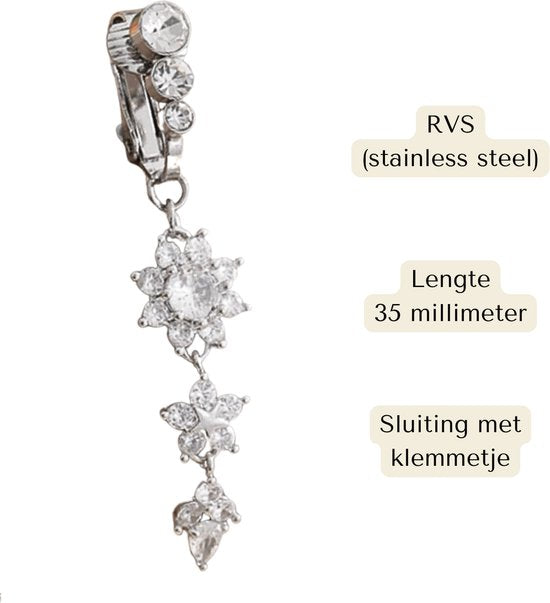 Fake Navelpiercing Zilver Bloemetjes - Nep Navelpiercing - Stainless Steel - Piercing Voor Navel zonder Gaatje - 35 mm