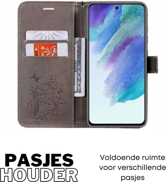 Hoesje Vlinders Grijs - Geschikt voor Samsung Galaxy S21 FE - Portemonnee Book Case - Boekje Met Kaarthouder / Pasjeshouder en Magneetsluiting - Booklet - Wallet Beschermhoes Kunstleer - Voor S21FE