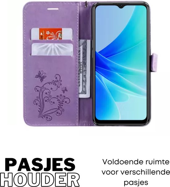 Hoesje Vlinders Paars - Geschikt voor OPPO A57 / A57s - Portemonnee Book Case - Boekje Met Kaarthouder / Pasjeshouder en Magneetsluiting - Booklet Beschermhoes - Boekhoesje