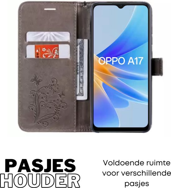 Hoesje Vlinders Grijs - Geschikt voor OPPO A17 - Portemonnee Book Case - Boekje Met Kaarthouder / Pasjeshouder en Magneetsluiting - Booklet Beschermhoes - Boekhoesje met Draagkoord