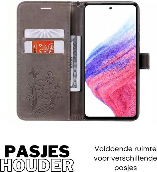 Hoesje Vlinders Grijs - Geschikt voor Samsung Galaxy A53 5G - Portemonnee Book Case - Boekje Met Kaarthouder / Pasjeshouder en Magneetsluiting - Booklet Beschermhoes voor Pasjes