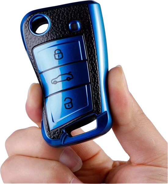 TPU Sleutelcover - Sleutelhoesje Geschikt voor Volkswagen Golf / Tiguan - Seat Leon / Ateca / Ibiza - Skoda Kodiaq / Octavia / Karoq - Metallic Blauw en Zwart Leer - Flexibele Sleutel Cover - Zacht Hoesje - Auto Accessoires