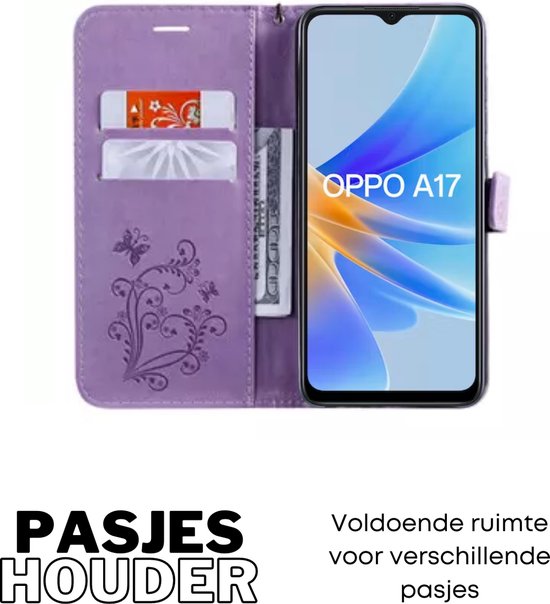Hoesje Vlinders Paars - Geschikt voor OPPO A17 - Portemonnee Book Case - Boekje Met Kaarthouder / Pasjeshouder en Magneetsluiting - Booklet Beschermhoes - Boekhoesje met Draagkoord